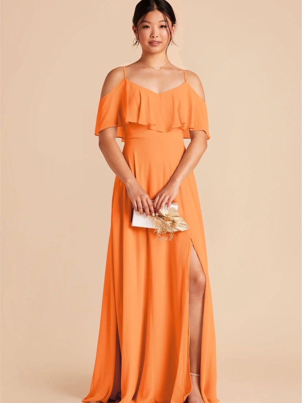 Birdy Grey  Jane Apricot Orange Cold-Shoulder Ruffle Maxi Gown Chiffon